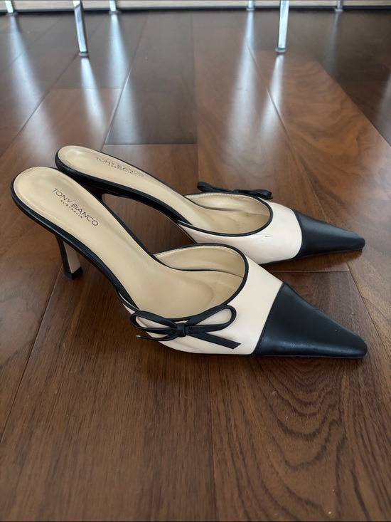 Tony Bianco Shoes - Tony Bianco Black & Cream Pointed Toe Slingback Mules with Bow